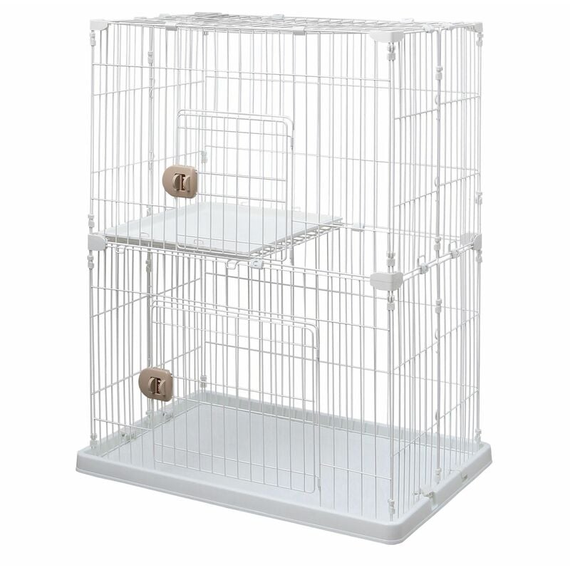 Iris Ohyama - Käfig, Laufstall, Freilaufgehege, Hundehütte mit 2 Türen und 2 Ebenen für Hund, Katze, B93 x T63 x H121 cm, PEC-902, Weiß