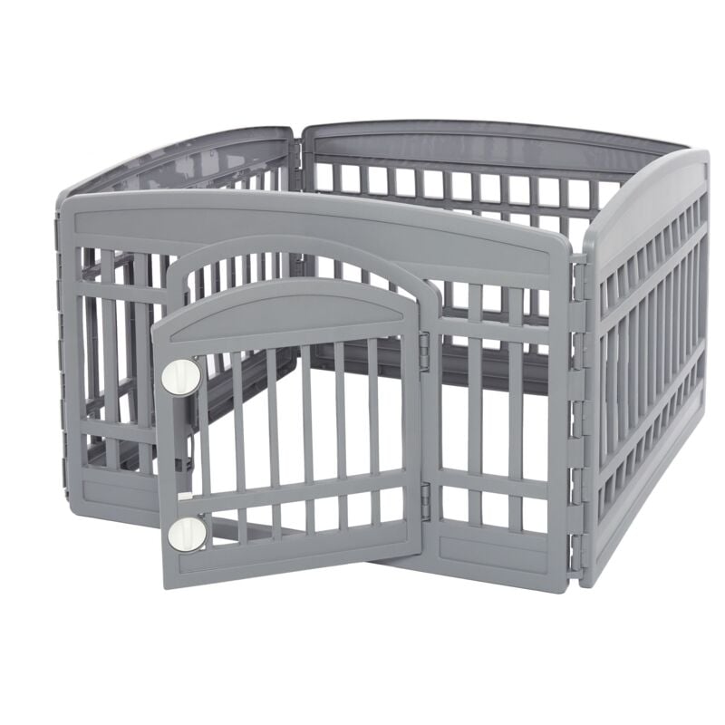 Iris Ohyama - Welpenauslauf mit 4 Panelen und abschließbarer Tür, H60cm, Grau, Katzengehege, Hundebox, Für Outdoor, Indoor, Welpenlaufstall,