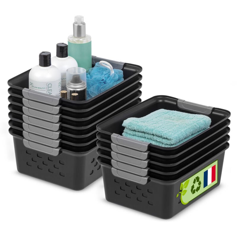 Iris Ohyama - Paniers d'étagère en Plastique Polyvalent, Ouvert, Noir, 5L, Lot de 12, Empilable, Ventilation, Contenu Visible, pour Salle de bain,