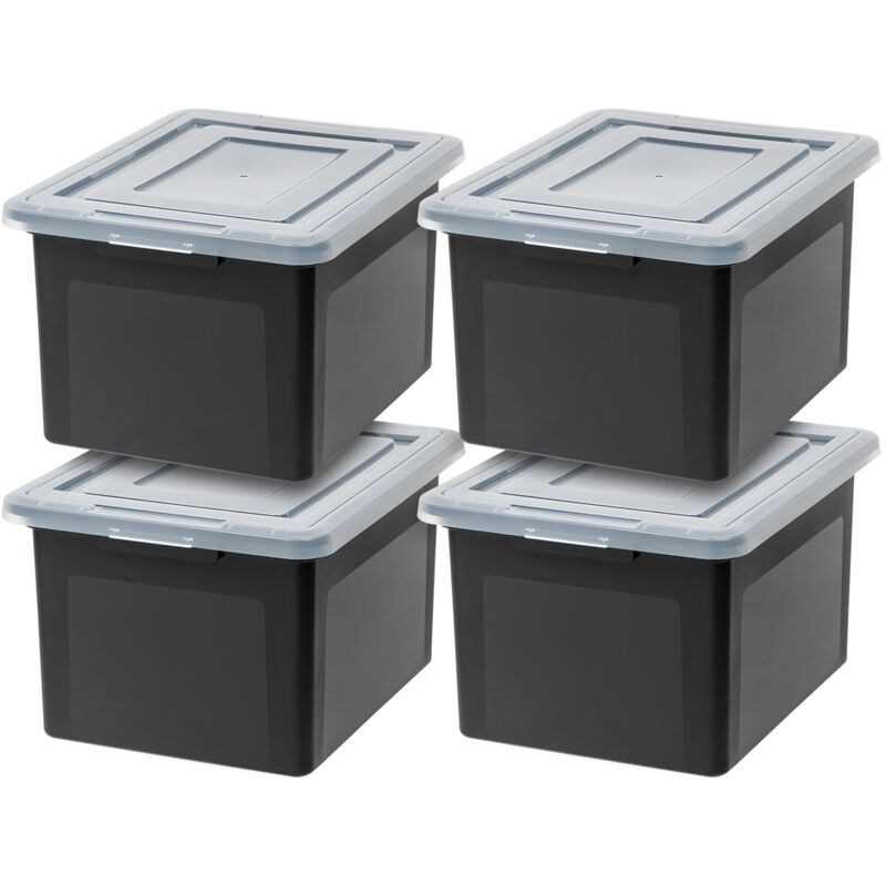 Iris Ohyama - Kunststoff-Aufbewahrungsboxen mit Deckel, 45L, 4er-Pack, Schwarz, mit Schnappverschluss, stapelbar, robust, BPA-frei, für Büromaterial,