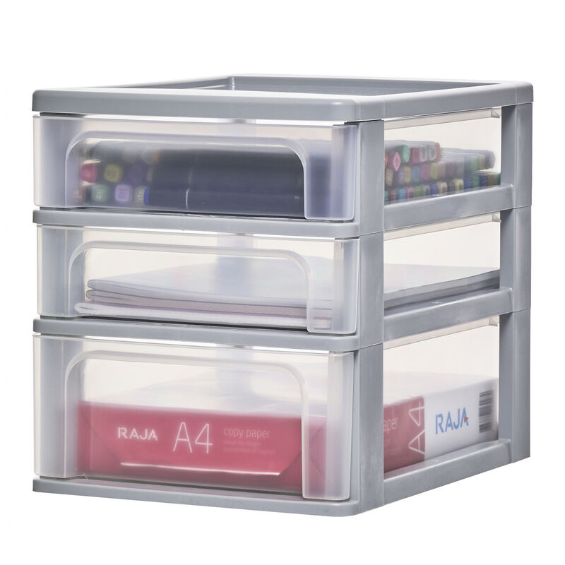 Iris Ohyama - Schreibtisch-Organizer mit 2 flache und 1 tiefe Schublade, Grau, Easy-Pull-System, A4, A5 & A6 Format, Schreibtisch Organizer für Büro,