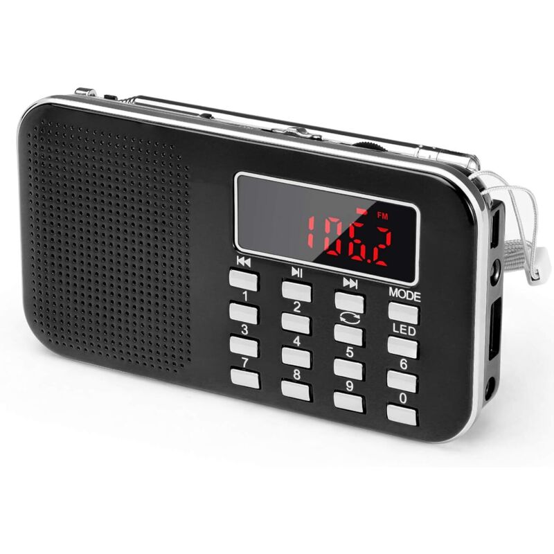 J-908 Tragbares AM/FM-Radio, kleines wiederaufladbares tragbares Radio mit 1200-mAh-Akku, Transistorradio mit Notbeleuchtung, Mini-USB/SD/AUX