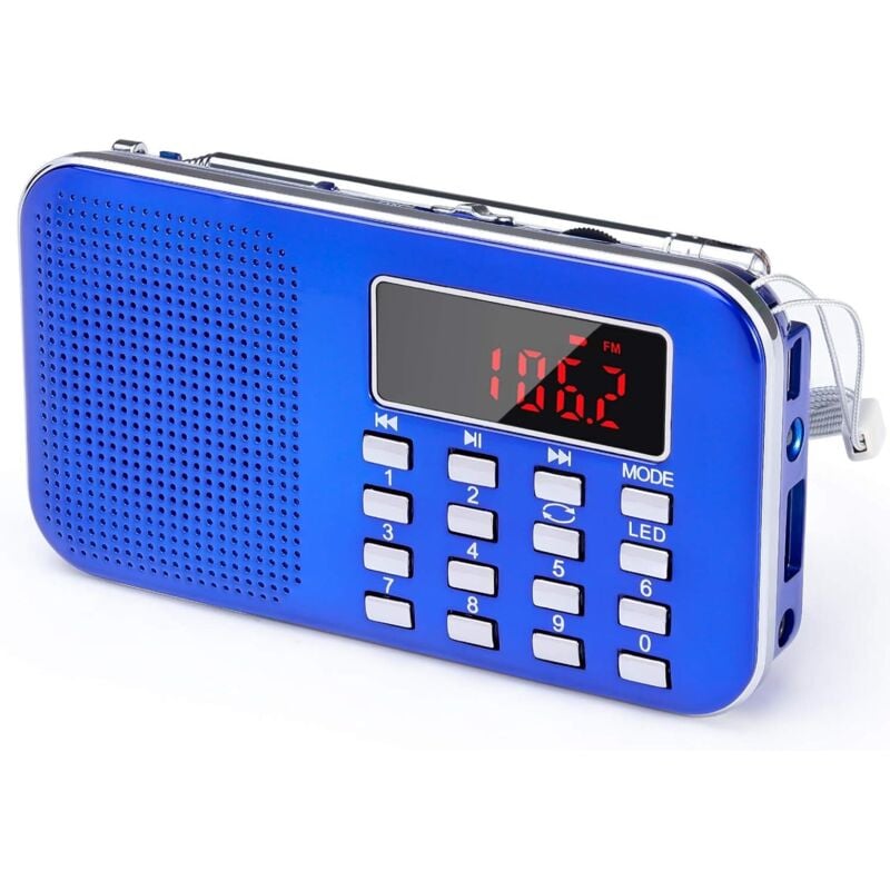 J-908 Tragbares AM/FM-Radio, kleines wiederaufladbares tragbares Radio mit 1200 mAh Akku, Transistorradio mit Notlicht, Mini-USB/SD/AUX (blau)