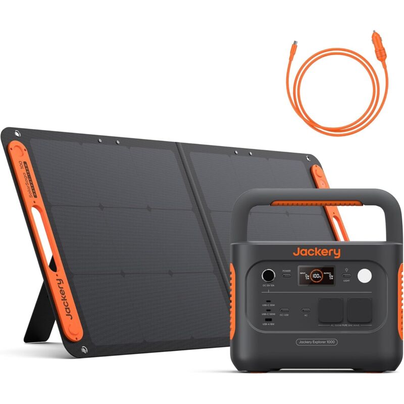 Jackery E1000 v2 Tragbare Powerstation mit 100W Solarpanel, 1070Wh LiFePO4 Solargenerator mit DC8020 Kfz-Ladekabel,1 Std. Schnellladung, LFP
