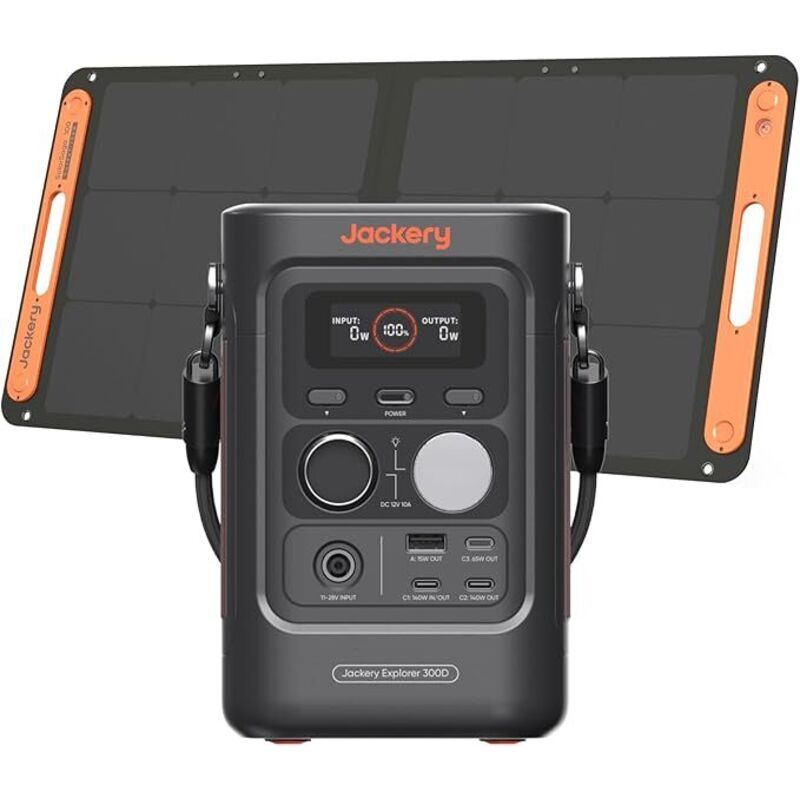 Jackery Explorer 300D Tragbare Powerstation mit 100W Solarpanel, 288Wh LFP-Batterie, 5 Ausgänge, ultraleichter & kompakter 300W Solargenerator für