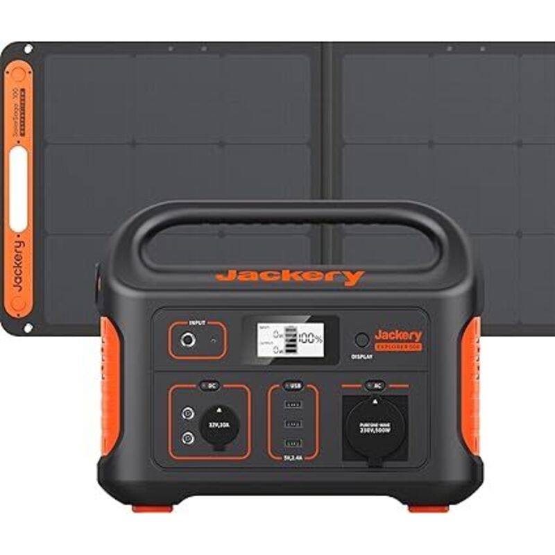 Jackery Solargenerator 500, 518WH Tragbare Powerstation mit SolarSaga 100W Solarpanel, 230V/500W mobile Stromversorgung mit LCD Anzeige für Urlaub