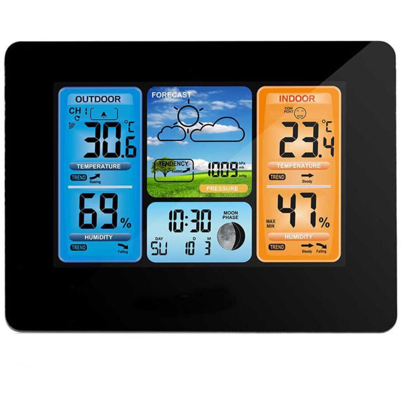 Jalleria - Drahtlose Wetterstation, digitale Farbvorhersage-Wetterstation mit Alarm und Temperatur/Luftfeuchtigkeit/Barometer/Alarm/Monduhr/Wetter