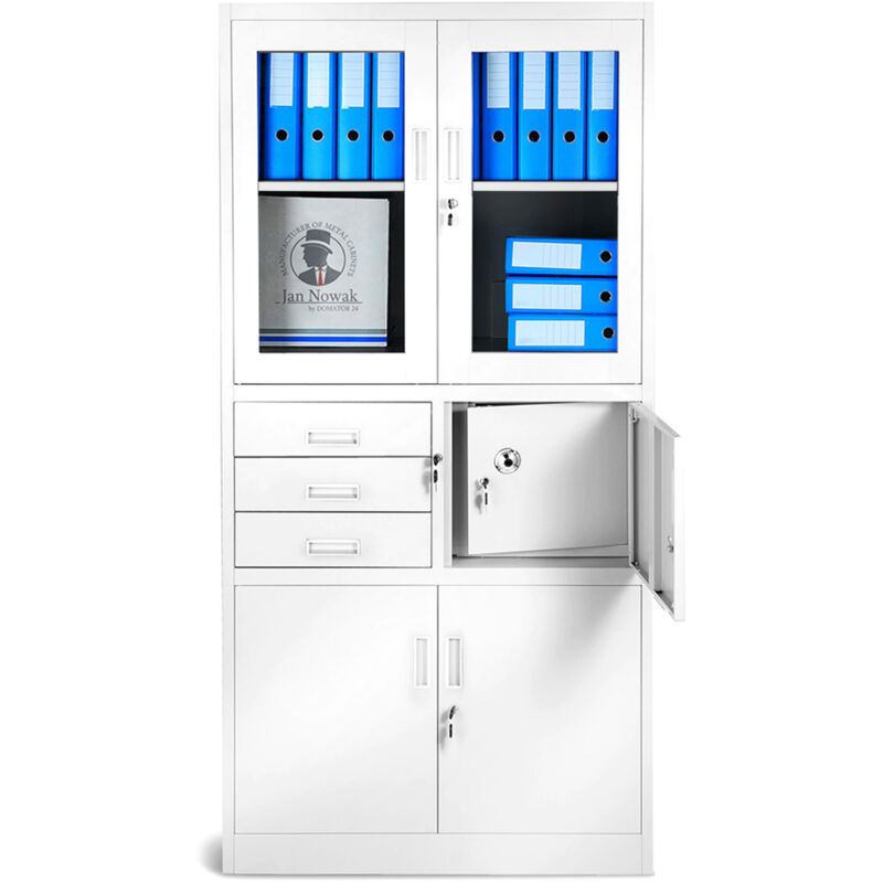 C018S Aktenschrank Büroschrank Metallschrank Tresor Safe Geheimfach Flügeltüren Schubladen Pulverbeschichtung Stahlblech 185 cm x 90 cm x 40 cm weiss