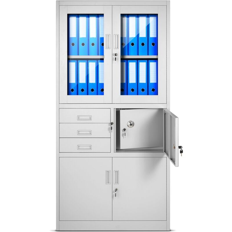 C018S Aktenschrank Büroschrank Metallschrank Tresor Safe Geheimfach Flügeltüren Schubladen Pulverbeschichtung Stahlblech 185 cm x 90 cm x 40 cm grau