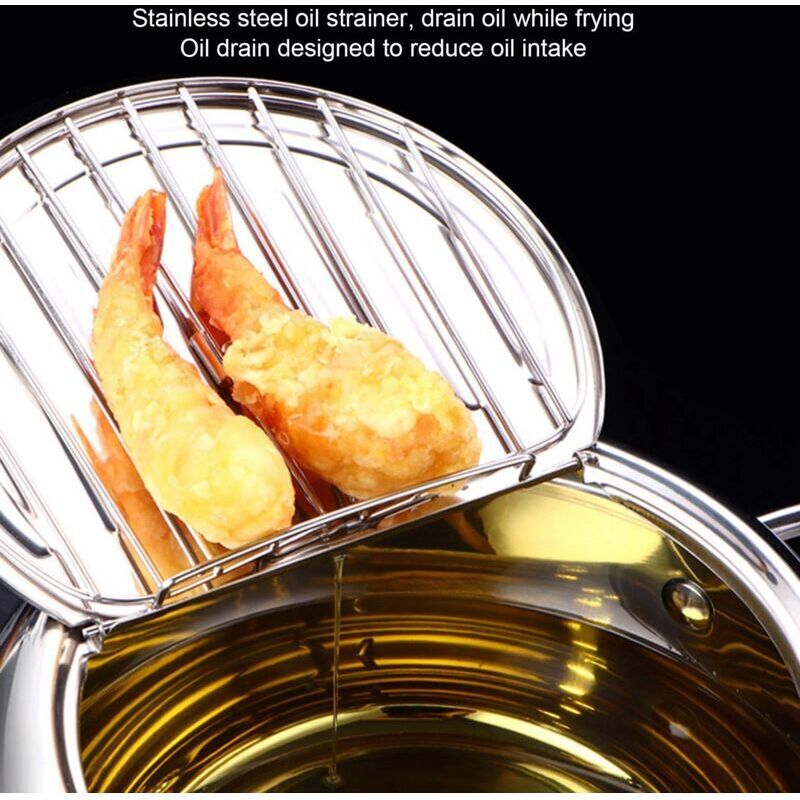 Mumu - Japanische Tempura-Fritteuse mit Thermometer, Edelstahl-Tempura-Fritteuse mit Ölfilter, Mini-Edelstahl-Fritteuse, Universal-Induktionsherd,
