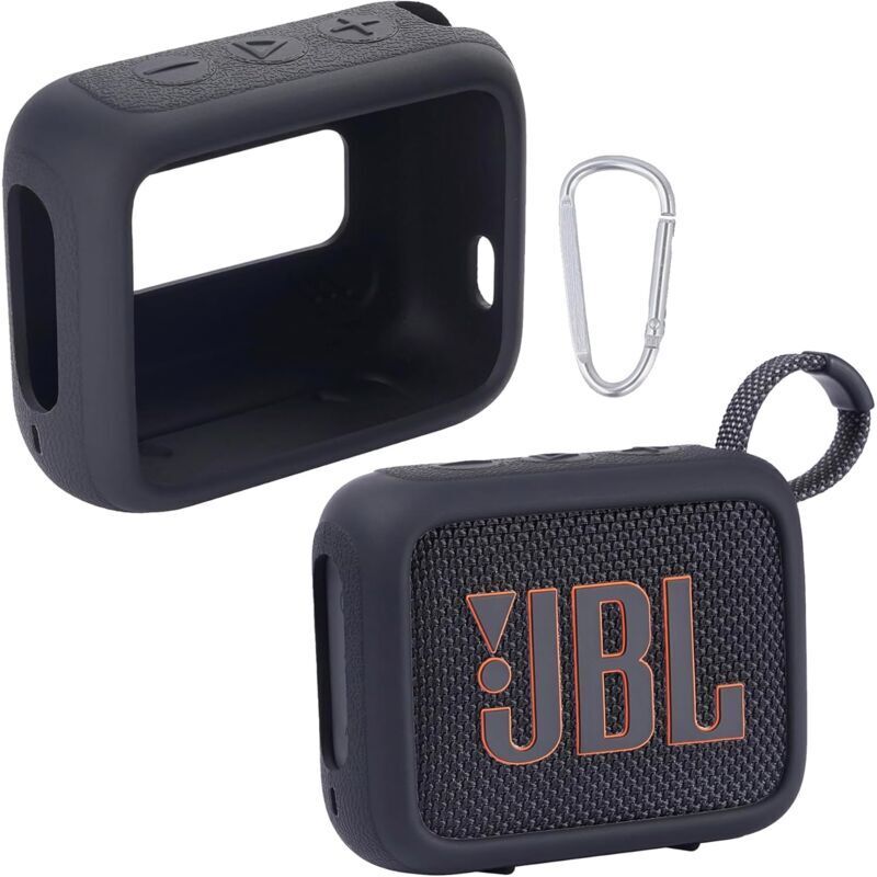 JBL Go 4 Wasserdichte Silikon-Schutzhülle für Bluetooth-Lautsprecher, Tragbare Silikon-Reisehülle mit Karabiner, Schutzhülle (Schwarz)