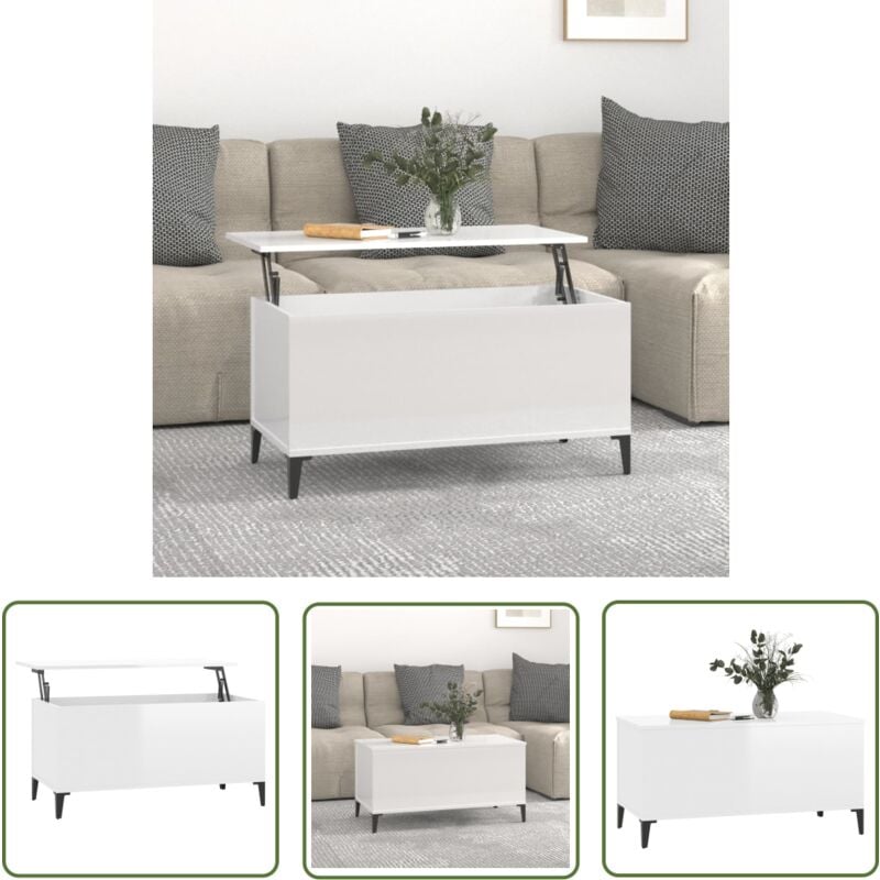 The Living Store Couchtisch Hochglanz-Weiß 90x44,5x45 cm Holzwerkstoff - Couchtisch - Wohnzimmerschmuck - Holzwerkstoff - Weißer Couchtisch