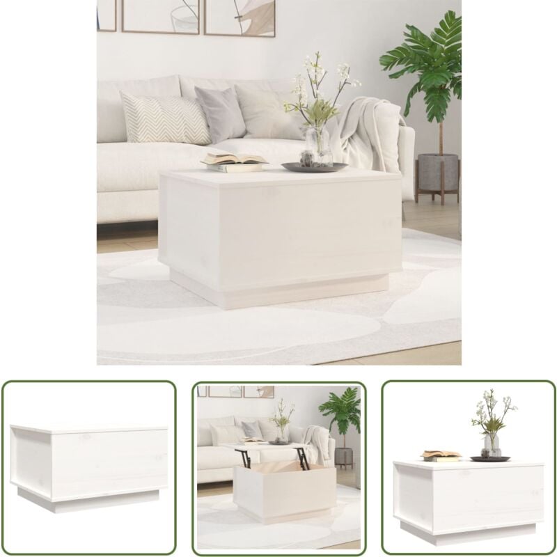 The Living Store Couchtisch Weiß 60x50x35 cm Massivholz Kiefer - Holz Couchtisch - Kiefernholzmöbel - Weißer Couchtisch - Wohnzimmertisch