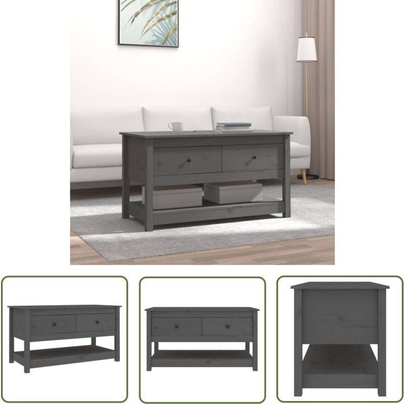 The Living Store Couchtisch Grau 102x49x55 cm Massivholz Kiefer - Holz Couchtisch - Kiefernholz Couchtisch - Beistelltisch - Wohnzimmer Möbel - Grau