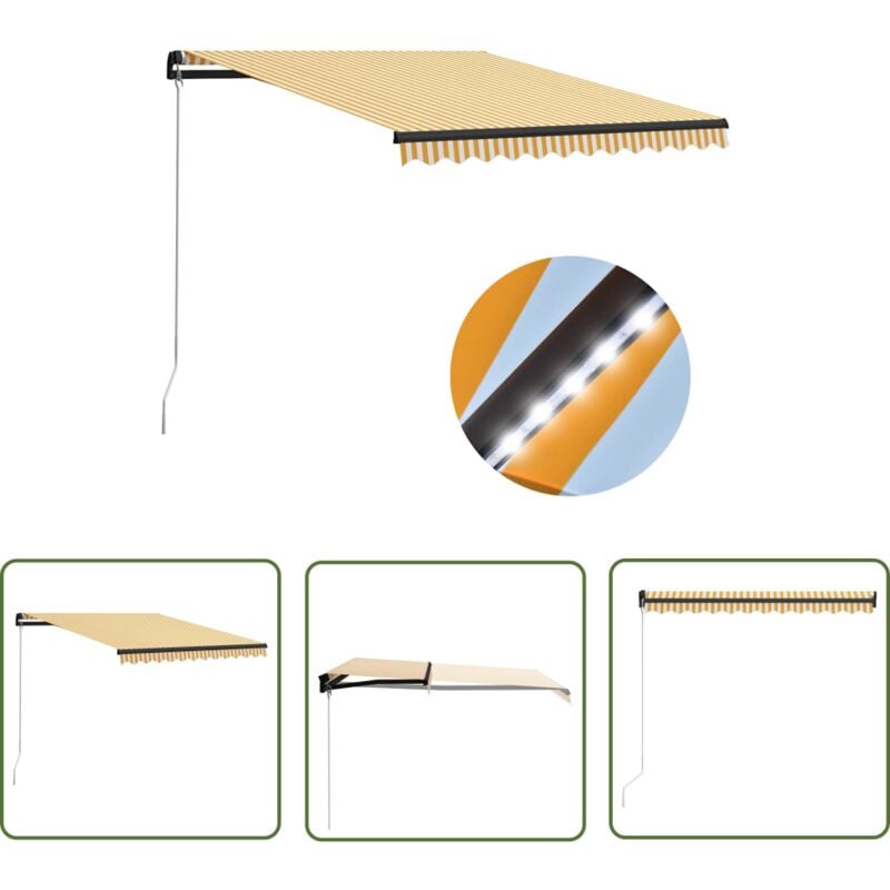 The Living Store Markise Manuell Einziehbar mit led 300x250 cm Gelb & Weiß - Sonnensegel - Markise - Außenschirm - Gartenmöbel - Terrassenzubehör