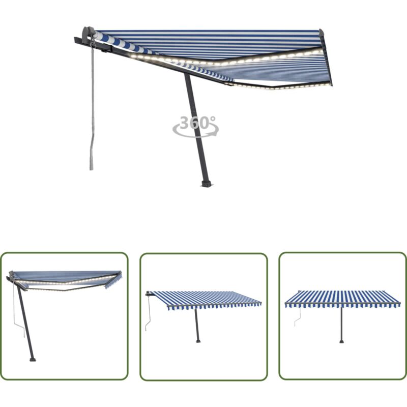 The Living Store Automatische Markise mit led Windsensor 400x300 cm Blau Weiß - Outdoor-Markise - Sonnenschutz - Gartendekoration - Markisentuch Blau