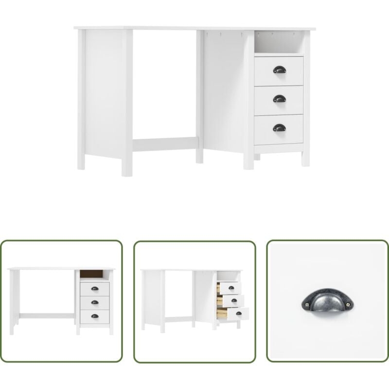The Living Store Schreibtisch Hill mit 3 Schubladen 120x50x74 cm Kiefernholz - Schreibtisch - Bürotisch - Kiefernholz Tisch - Weißer Schreibtisch