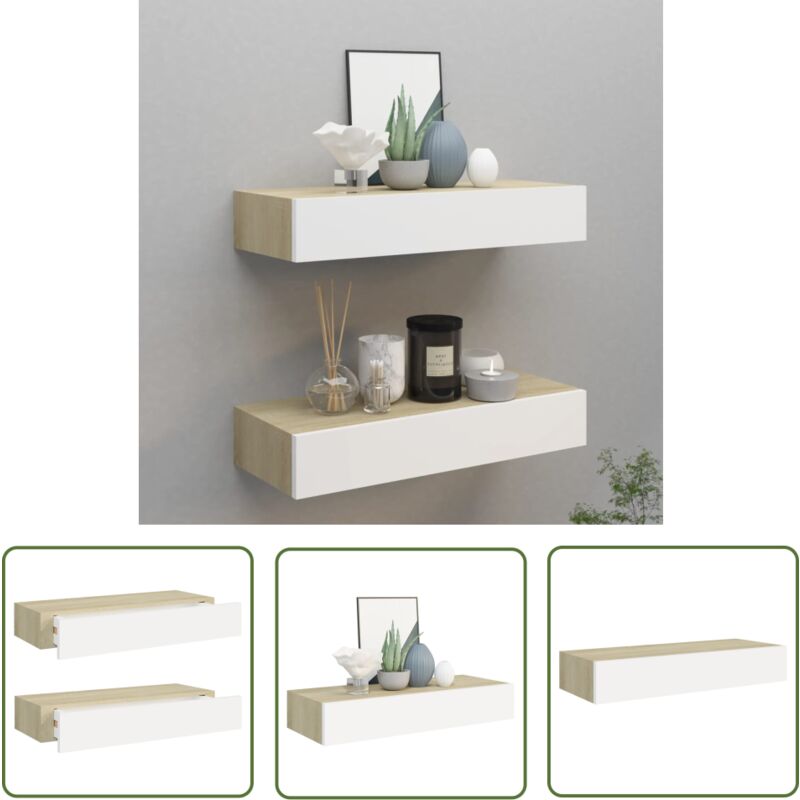 The Living Store Wandregale mit Schubladen 2 Stk. Eichen-Optik Weiß 60x23,5x10cm - Wand Regal - Regal Mit Schublade - Eichene Optik - Weißes Regal