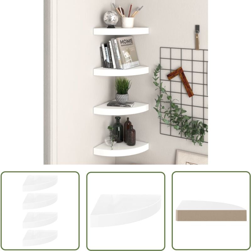 The Living Store Eck-Schweberegale 4 Stk. Hochglanz-Weiß 25x25x3,8 cm mdf - Eckregal - Wandregal - Schwebender Wandregal - Regal Weiß - Wohnwandregal