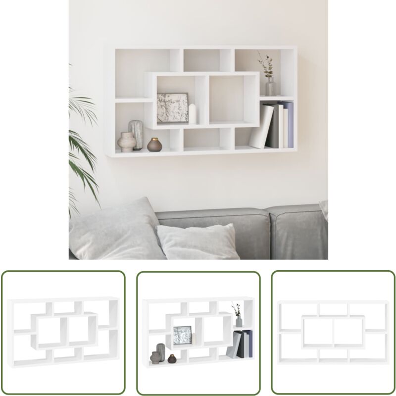 The Living Store Wandregal mit 8 Fächern Hochglanz-Weiß - Wandregal - Holzwerkstoffregal - Weißer Regal - Wohnraum Dekoration - Regal Mit Ablagen