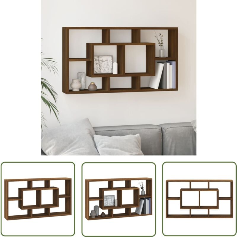 The Living Store Wandregal mit 8 Fächern Braun Eichen-Optik - Wandregal - Holzregal - Regal Braun - Eiche Optik - Wohnraum Dekoration