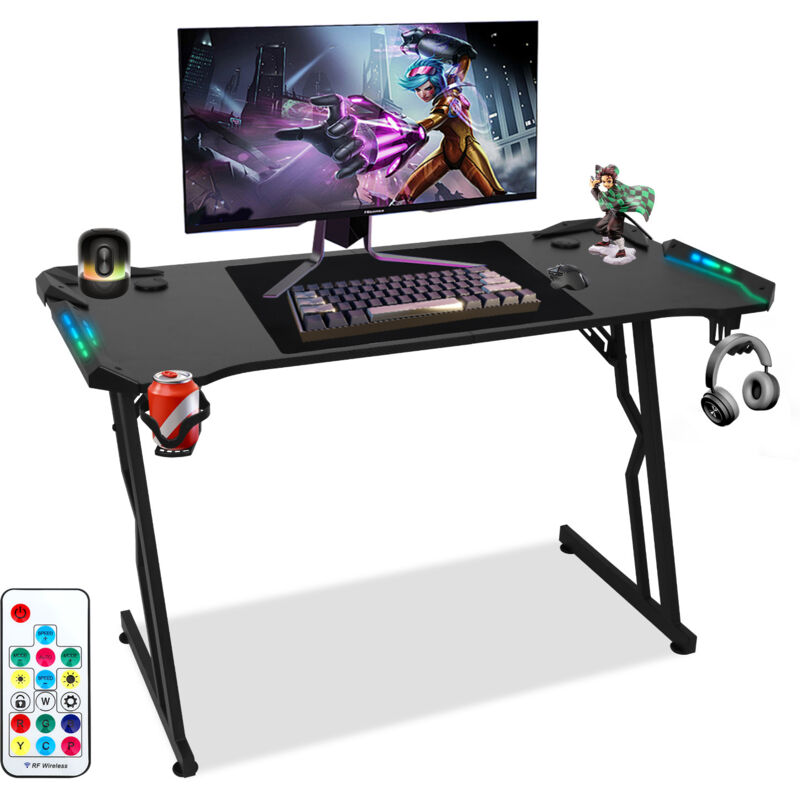 Jiubiaz Gaming Tisch Schreibtisch, Gaming Computertisch mit Kohlefaserbeschichtung, Gamingtisch Bürotisch mit Getränkehalter und Kopfhörerhaken für