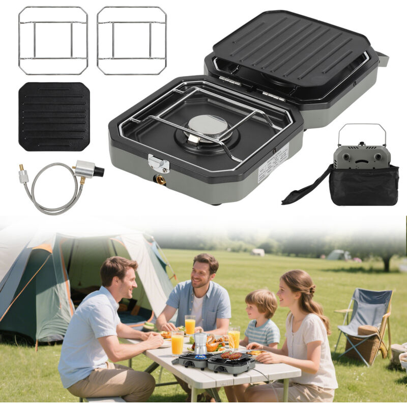 Jiubiaz Tragbarer Campingkocher Gas, 2-flammig, mit Grillplatte und verchromten Rosten, Sicherheitsabschaltung, Outdoor Gaskocher für Camping, Garten