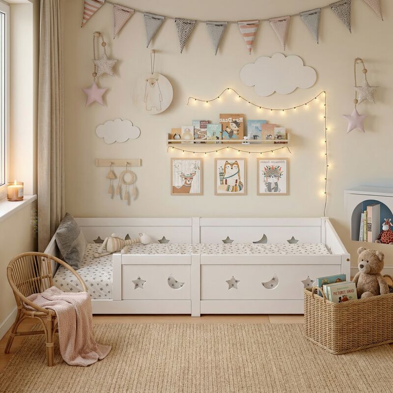JOOKGBD- Kinderbett 140x200 cm, ausziehbares Montessori Bodenbett aus massivem Kiefernholz, Babybett und Jugendbett mit Rausfallschutz, Sterne und