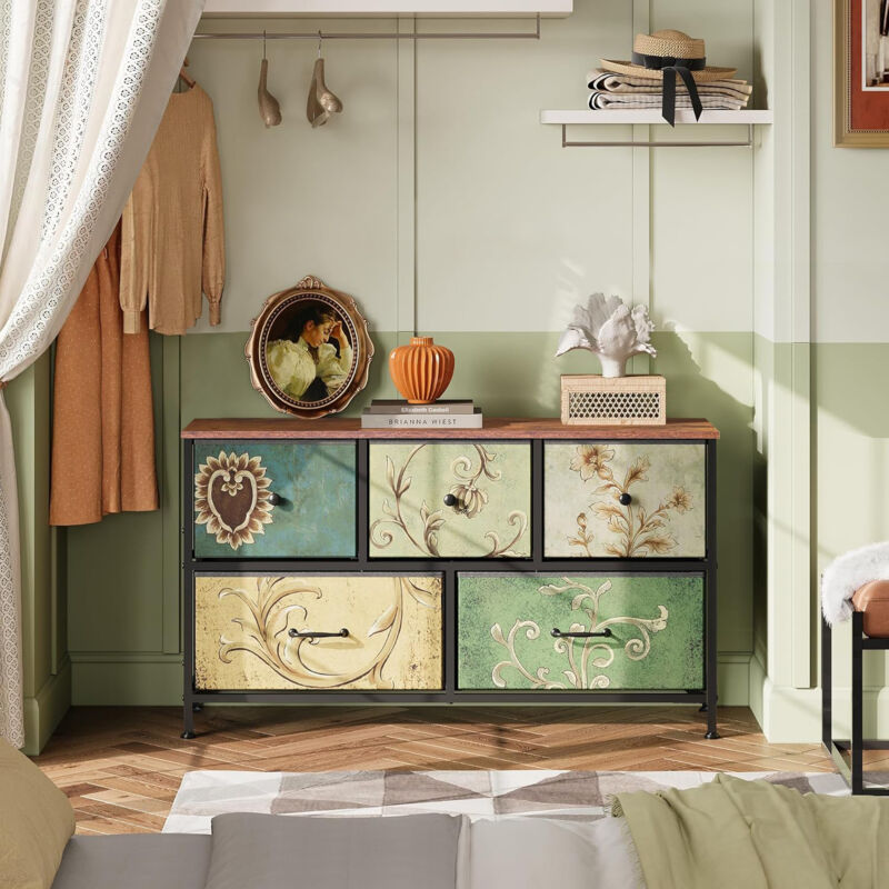 JOOKGBD-Kommode mit 5 Schubladen aus Stoff 100x55x30 cm,Schminktisch,Schubladenschrank,TV Kommode,Aufbewahrungsschrank,für Wohnzimmer Schlafzimmer