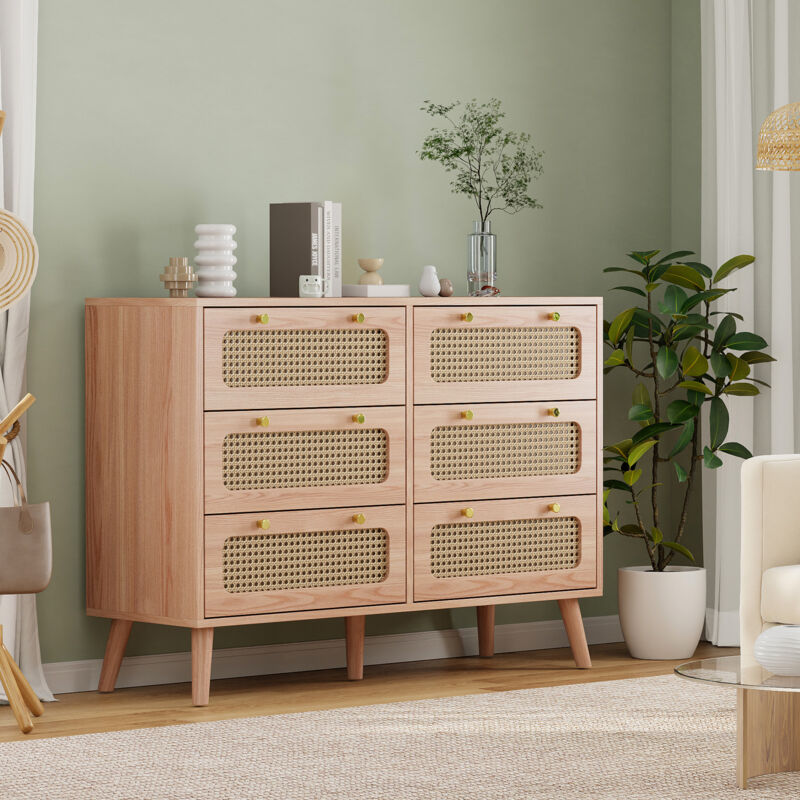 JOOKGBD- Kommode mit Schubladen 100x34x73 cm, Rattan Kommode, Schubladenschrank aus Holz, Sideboard, Aufbewahrungsschrank für Schlafzimmer Wohnzimmer