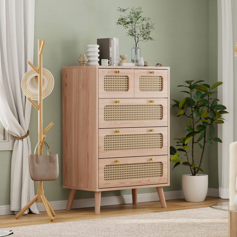 JOOKGBD- Kommode mit Schubladen 60x34x91 cm, Rattan Kommode, Schubladenschrank aus Holz, Sideboard, Aufbewahrungsschrank für Schlafzimmer Wohnzimmer