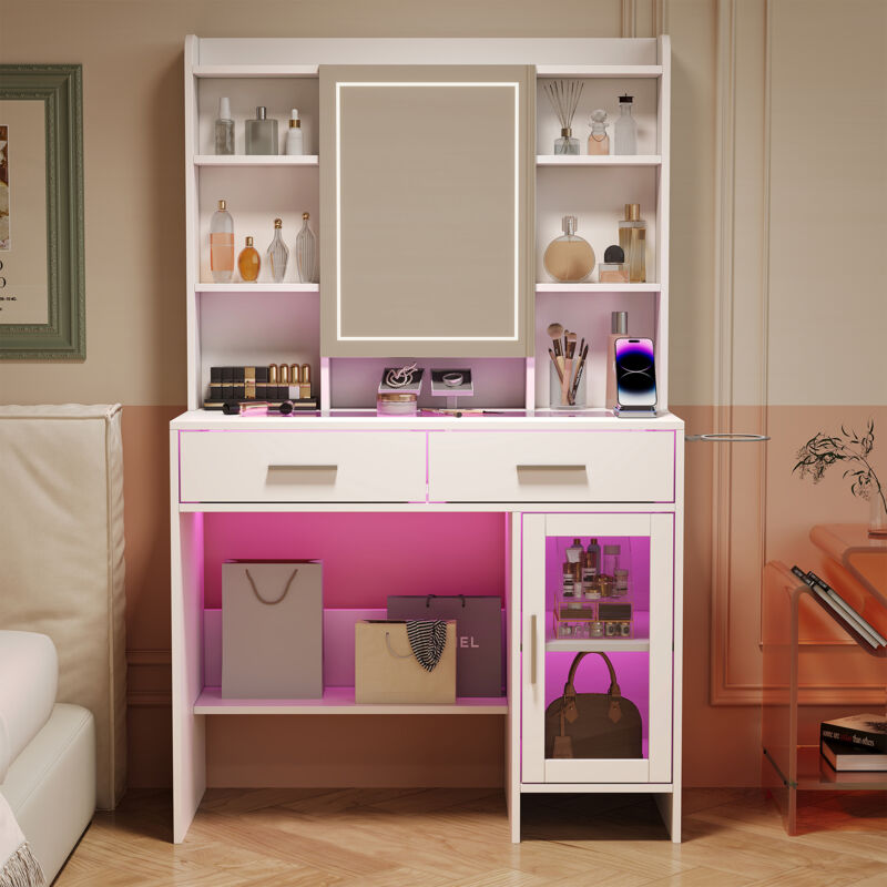 JOOKGBD- Schminktisch 87x40x145 cm, Toilettisch mit Spiegel und gehärteter Glasplatte, LED-Beleuchtung mit Fernbedienung, integrierte USB-Anschlüsse,