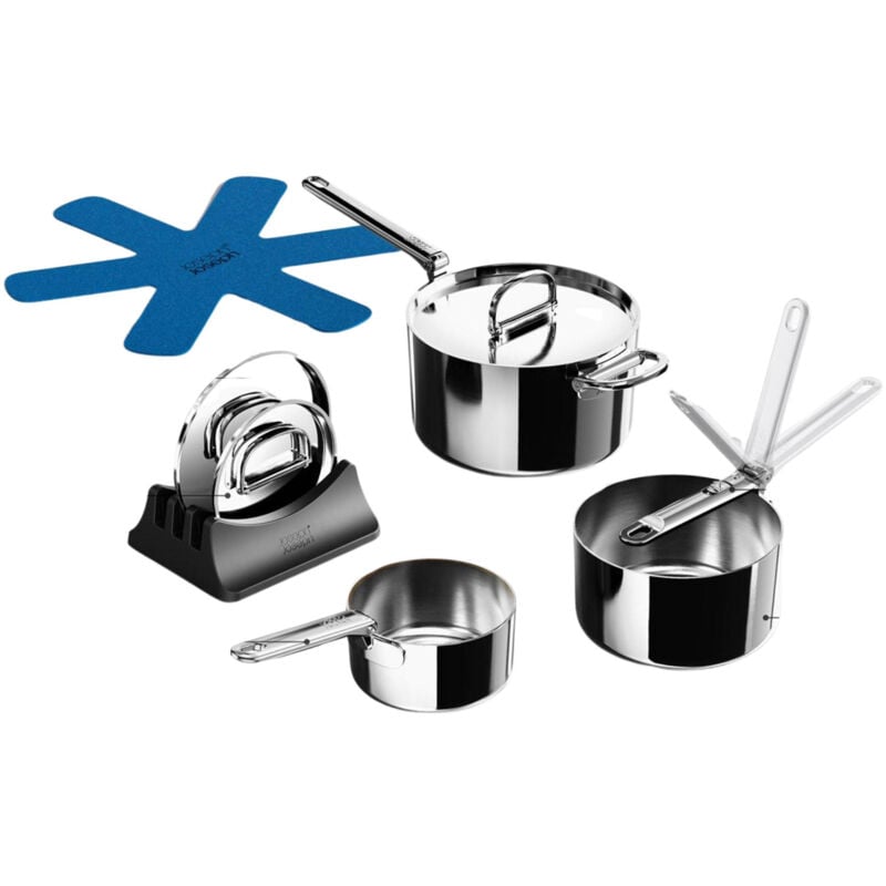 Joseph Joseph Space Steel 3-tlg. Kochtopf-Set, Set de 3 Kochtöpfe de Edelstahl, Profi-Einsatz, Klappgriffe, geeignet für Induktion, Farbe Edelstahl
