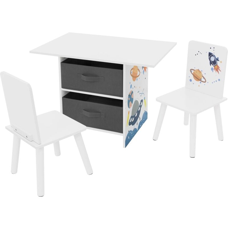 Joyz - 3tlg Kindersitzgruppe, 1 Kindertisch mit Stauraum und 2 Stühlen, Weltraum, Weiß, Kindertischgruppe Holz, Kindermöbel Set für Kinder,