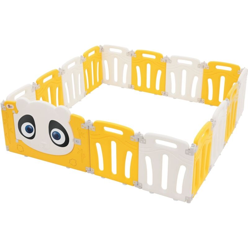 Joyz - Laufstall Baby 160×160 cm, Laufgitter faltbar, Panda-Design, Weiß-Gelb, Absperrgitter mit Tür und Lernuhr, Playpen aus Kunststoff, Babyzaun,