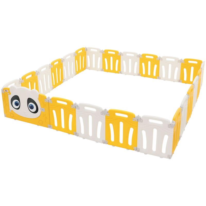 Joyz - Laufstall Baby 240×240 cm, Laufgitter faltbar, Panda-Design, Weiß-Gelb, Absperrgitter mit Tür und Lernuhr, Playpen aus Kunststoff, Babyzaun,
