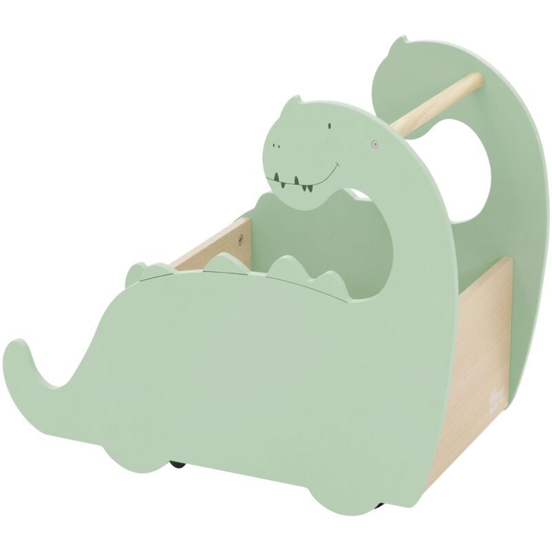 Spielzeugkiste aus Holz, Dino, 57x31,5x49 cm, Grün-Natur, Kinderregal mit 4 Rollen, Kinderzimmer Regal rollbar, Kinder Bücherregal, Lauflernwagen mit