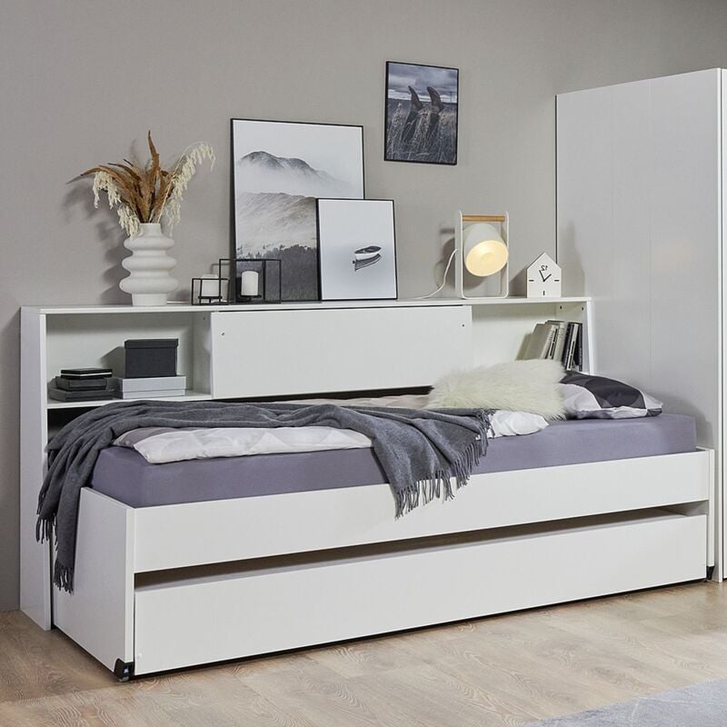 Jugendzimmer-Bett mit 90x200 cm Liegefläche in weiß, mit Bettschublade, Bettüberbau NOLI-43
