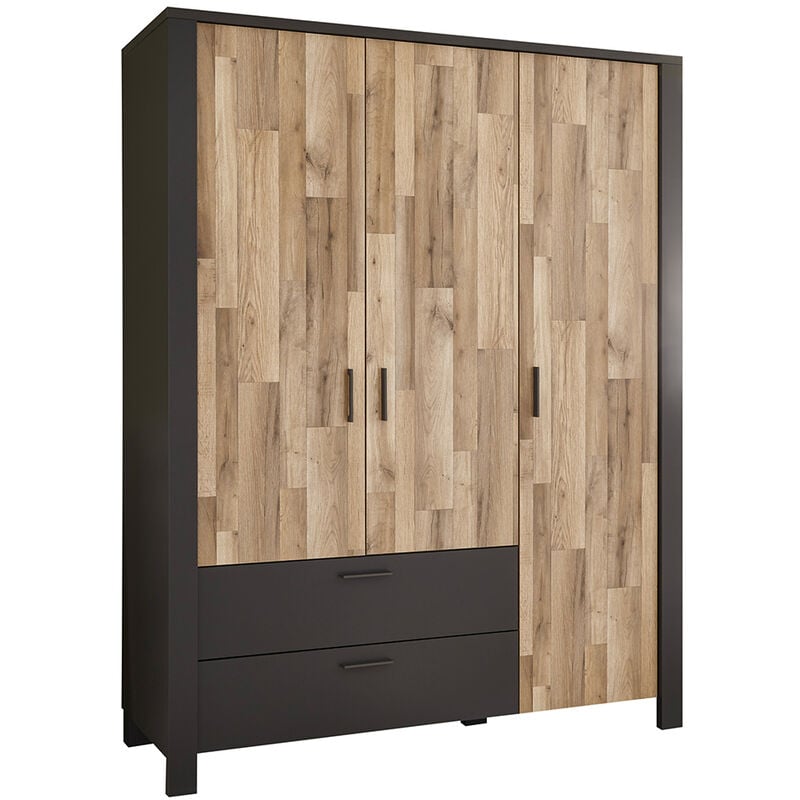 Jugendzimmer Kleiderschrank, 3-trg. DARWIN-78 in Montana Eiche Nb. mit grau, b/h/t ca. 166/214/58 cm