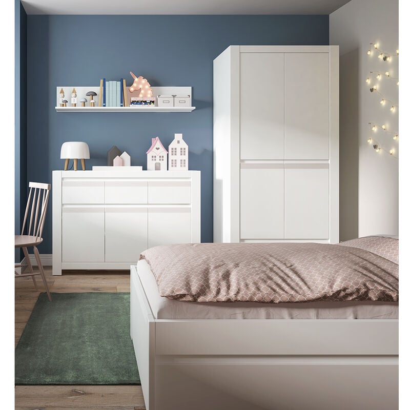Jugendzimmer Set mit Bettgestell 120x200 cm inkl. Bettschublade, weiß NAVA-129 4-teilig