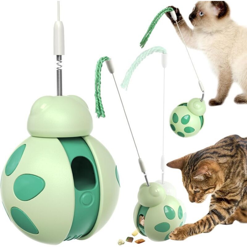 Interaktives Katzenspielzeug, Indoor-Puzzle, Futterautomat, geistige Stimulation, Schiebe- und Rollball mit Katzenspielzeug (grün, Marienkäfer)