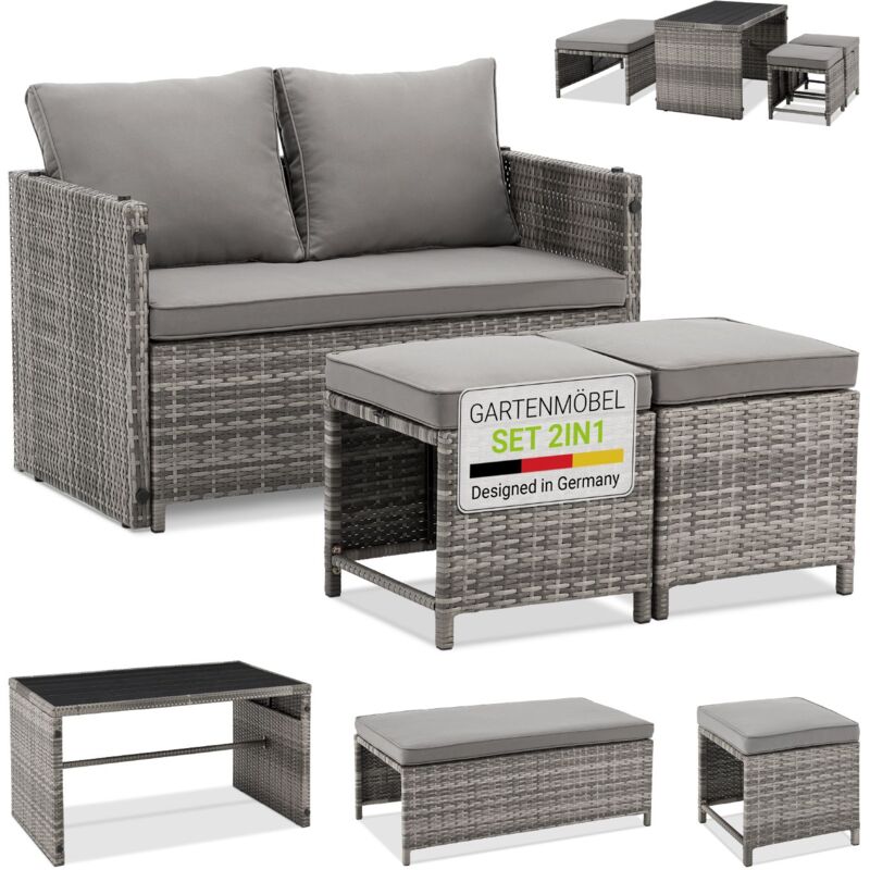 2in1 Polyrattan Relax Gartenmöbel Set Jamaika - Tisch, Gartenlounge Sofa - Balkonmöbel Sitzgruppe für Balkon, Garten - Outdoor Lounge grau-meliert