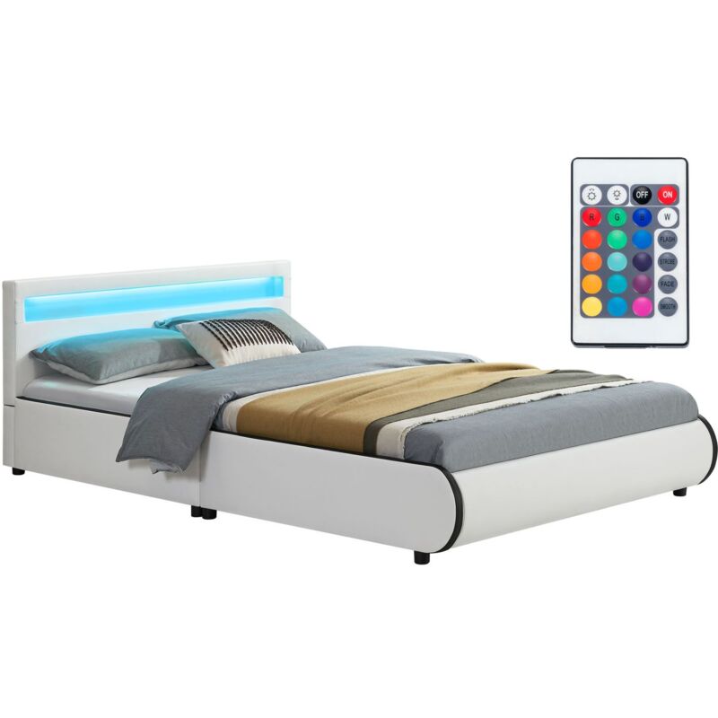 Juskys Polsterbett Sevilla – Bettgestell mit Lattenrost & LED Beleuchtung im Kopfteil – Kunstleder & Holz – Bett Jugendbett - 140 x 200 cm - weiß