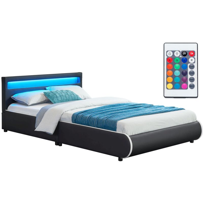 Polsterbett Sevilla – Bettgestell mit Lattenrost & led Beleuchtung im Kopfteil – Kunstleder & Holz – Bett Jugendbett - 140 x 200 cm - schwarz - Juskys