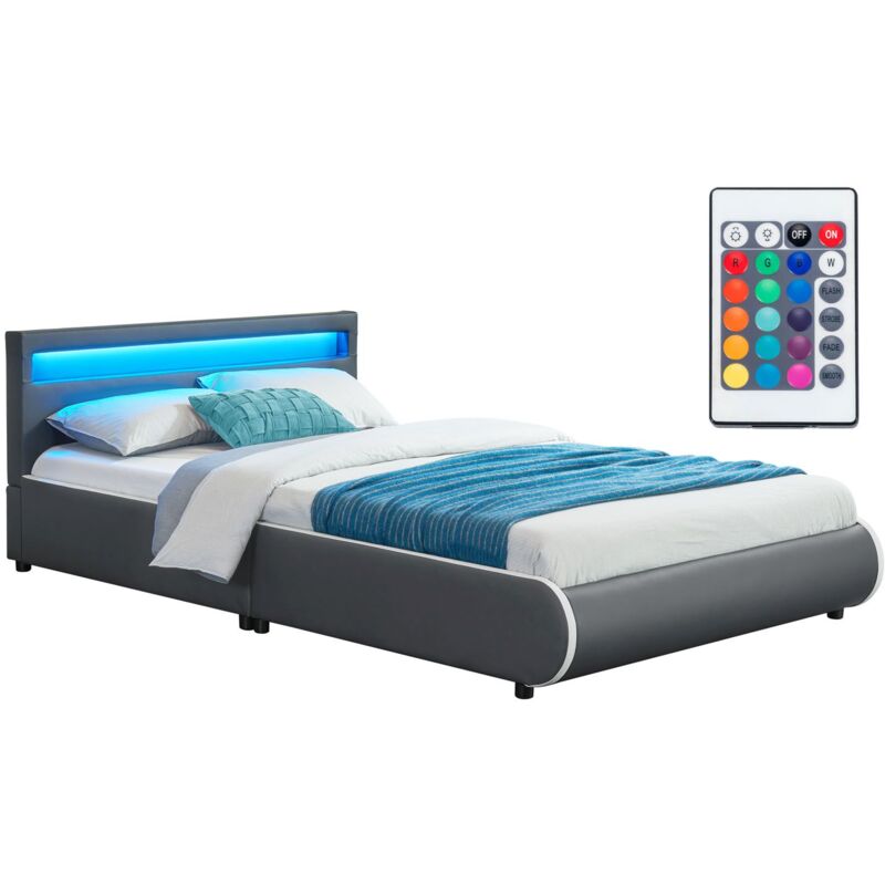 Polsterbett Sevilla – Bettgestell mit Lattenrost & led Beleuchtung im Kopfteil – Kunstleder & Holz – Bett Jugendbett - 140 x 200 cm - grau - Juskys