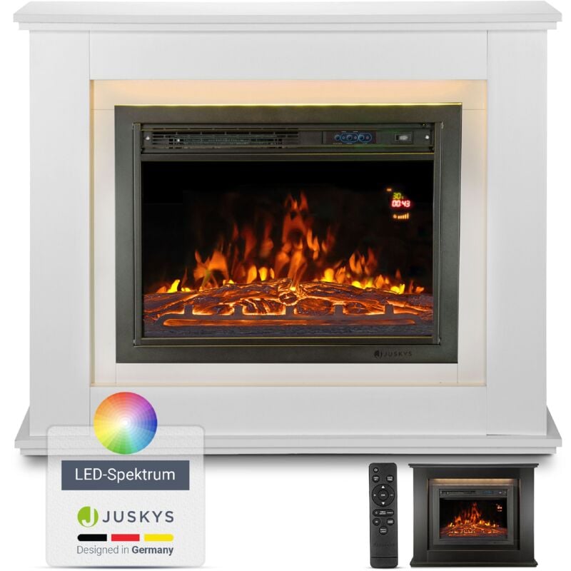 Juskys Elektrokamin 1000 / 2000 W mit Heizung, Kaminfeuer, Flammeneffekt, Fernbedienung, LED Beleuchtung - Elektrischer Kamin Standkamin weiß