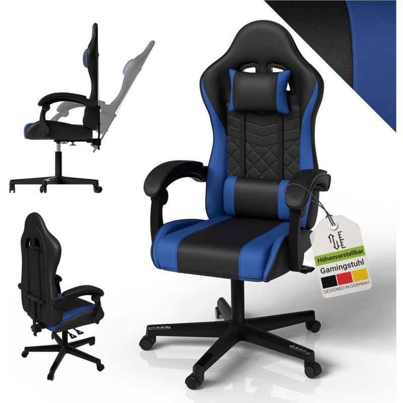 Gamingstuhl HyperSeat, höhenverstellbar, drehbarer Bürostuhl, ergonomisch, verstellbare Rückenlehne, PVC-Kunstleder, belastbar 120 kg – Schwarz/blau