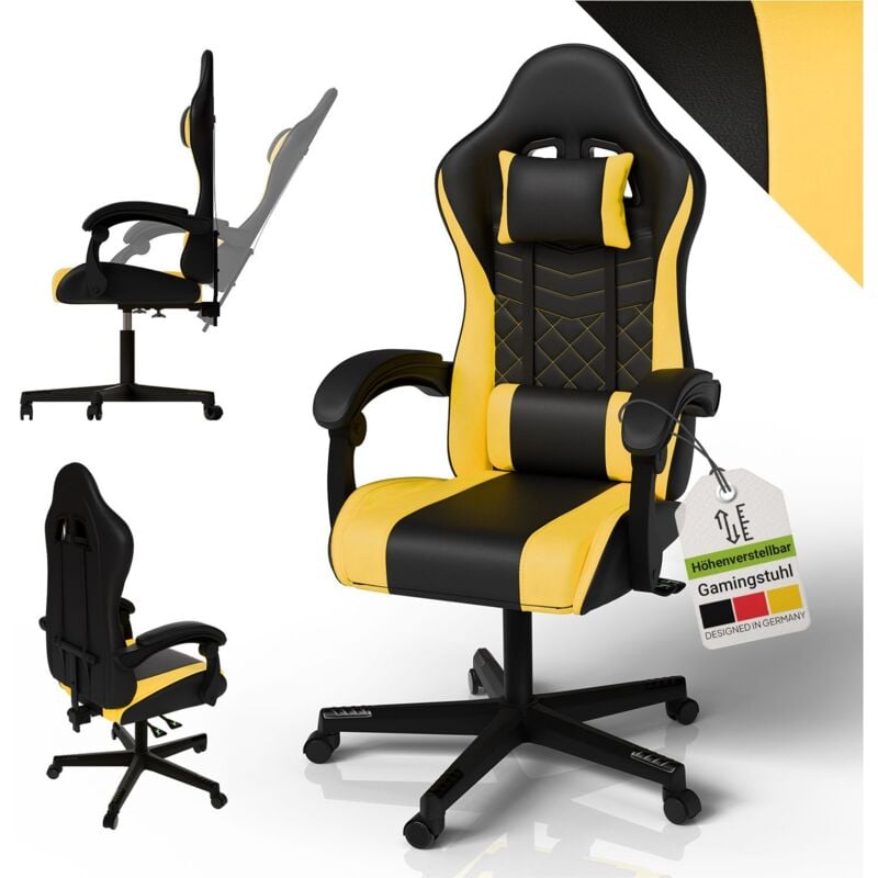 Gamingstuhl HyperSeat, höhenverstellbar, drehbarer Bürostuhl, ergonomisch, verstellbare Rückenlehne, PVC-Kunstleder, belastbar 120 kg – Schwarz/gelb