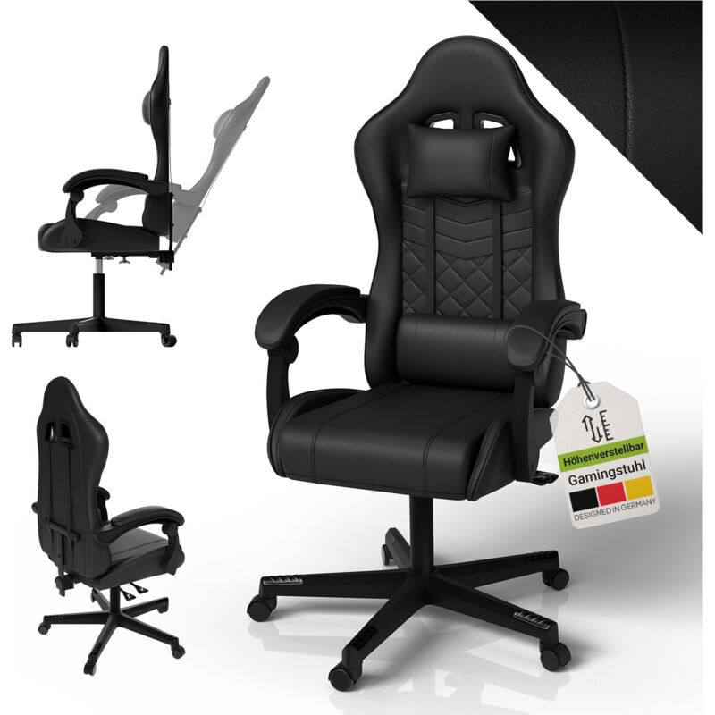 Gamingstuhl HyperSeat, höhenverstellbar, drehbarer Bürostuhl, ergonomisch, verstellbare Rückenlehne, PVC-Kunstleder, belastbar 120 kg – Schwarz