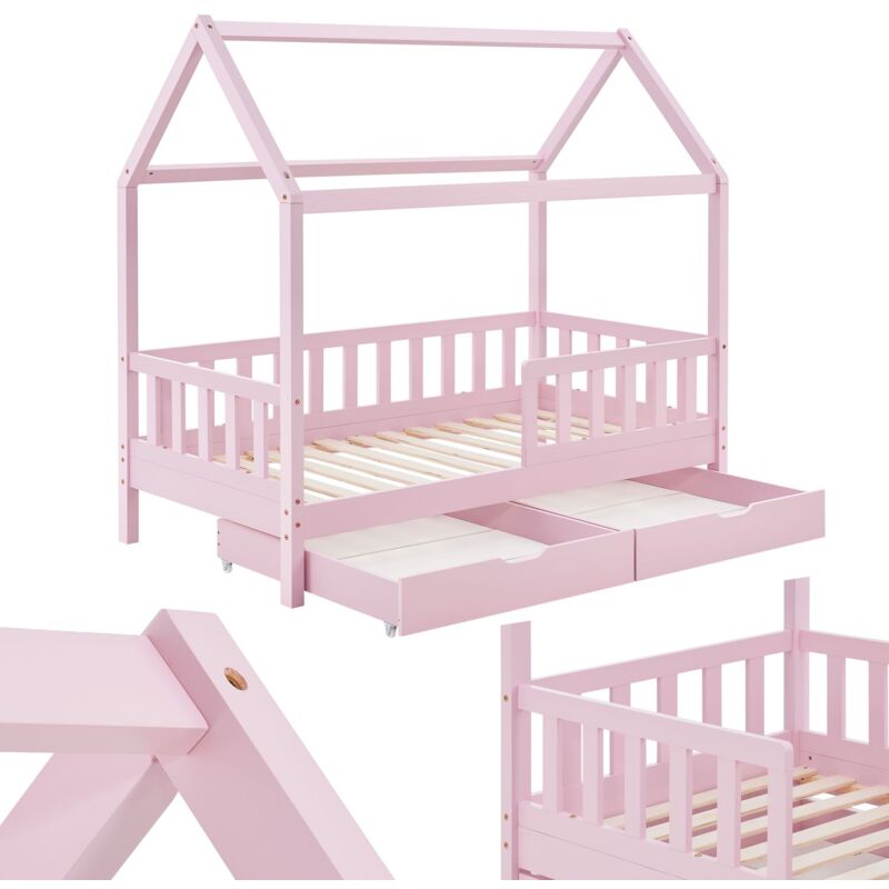 Kinderbett Marli 80 x 160 cm mit Bettkasten 2-teilig, Rausfallschutz, Lattenrost & Dach - Massivholz Hausbett für Kinder - Bett in Rosa - Juskys